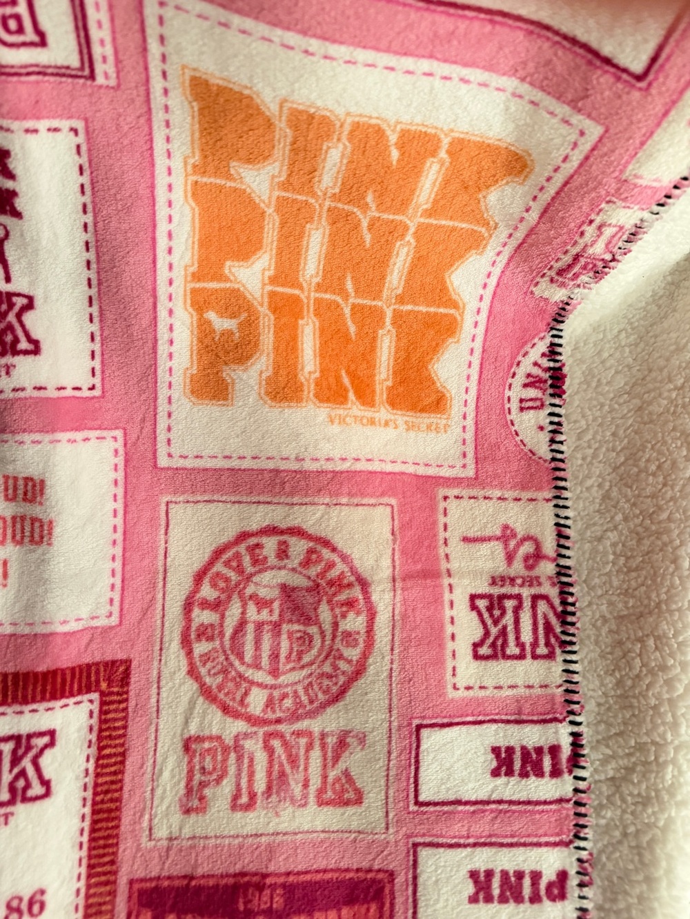 PINK Victoria's Secret Pink and Orange Logo Patchwork Plush Throw